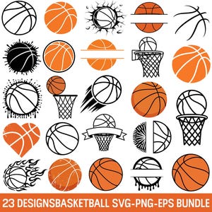 May include: A collection of 23 basketball-themed designs in SVG, PNG, and EPS formats. The designs include basketballs in various styles, such as solid orange, outlined, and with flames. Also included are basketball hoops and a heart-shaped basketball.