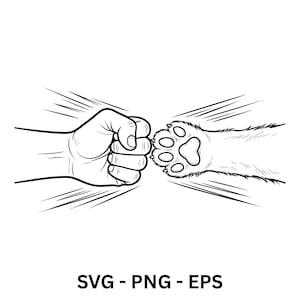 Op de afbeelding: Zwart-wit illustratie van een menselijke vuist die tegen een kattenpoot botst. De afbeelding toont snelheidslijnen die uitstralen vanaf het contactpunt. De tekst "SVG - PNG - EPS" staat onderaan.