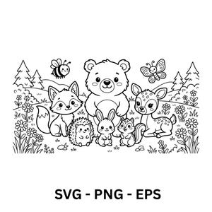 May include: Black and white illustration of a group of woodland animals, including a bear, fox, deer, rabbit, squirrel, hedgehog, bee, and butterfly. The animals are set in a grassy field with flowers and trees. The text "SVG - PNG - EPS" is at the bottom.