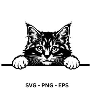 May include: A black and white graphic illustration of a cat face with pointed ears and whiskers, shown peeking over a horizontal line. The cat has detailed fur markings and visible paws resting on the line. The text SVG - PNG - EPS is below.