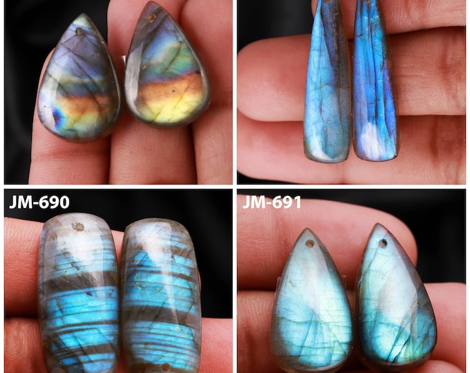 Natural Labradorite Fancy Shape Front Drilled Smooth Cabochon Matching Pairs, Semi-Precious Gemstones For Jewelry Making