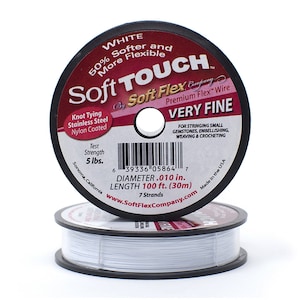 May include: White spool of Soft Touch Premium Flex Wire, very fine, 50% softer and more flexible, 7 strands, 0.010 inch diameter, 100 feet long, for stringing small gemstones, embellishing, weaving and crocheting.