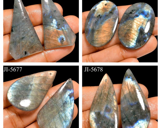 Natural Labradorite Fancy Shape Front Drilled Smooth Cabochon Matching Pairs, Semi-Precious Gemstones For Jewelry Making