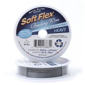 Soft Flex Satin Silver Color Heavy .024 Inch Diameter Size, 49 Strands Beading Wire, 30 Foot Spool For Jewelry Making