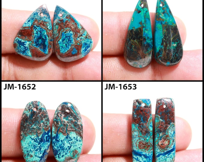 Natural Azurite Fancy Shape Front Drilled Smooth Cabochon Matching Pairs, Semi-Precious Gemstones For Jewelry Making