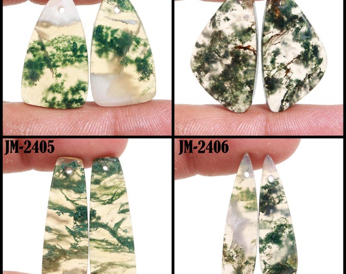 Natural Moss Agate Fancy Shape Front Drilled Smooth Cabochon Matching Pairs, Semi-Precious Gemstones For Jewelry Making
