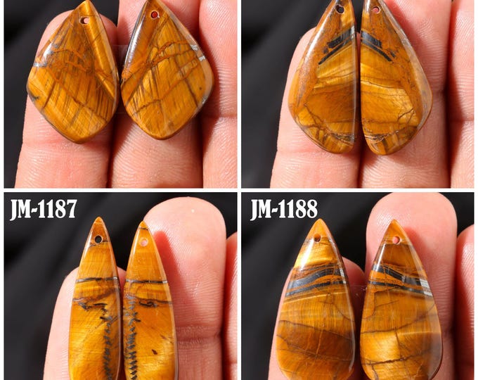 Natural Tigers Eye Fancy Shape Front Drilled Smooth Cabochon Matching Pairs, Semi-Precious Gemstones For Jewelry Making