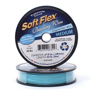 May include: A spool of turquoise Soft Flex Beading Wire, Original Flex Wire, Medium, 49 strands, 0.48 mm in diameter, 9 metres long, with a test strength of 26 pounds. Made in the USA.