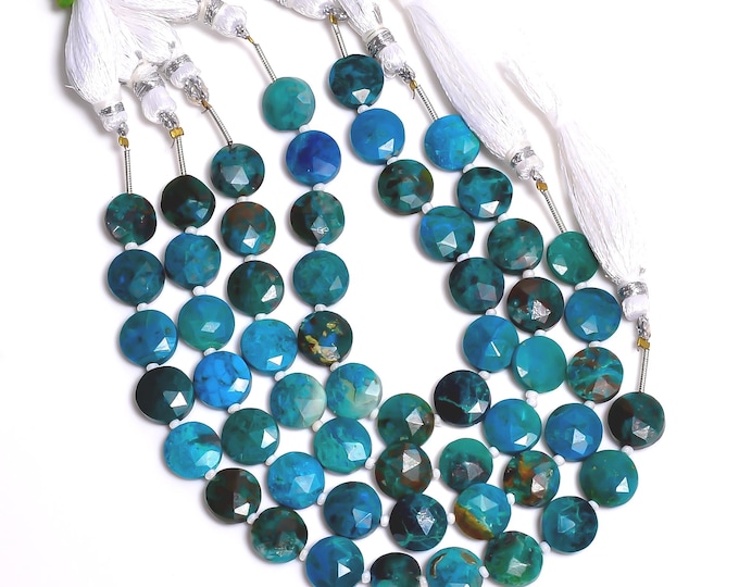 Natural Chrysocolla Faceted Center Drilled Coin Shape 10.25mm, Semi-Precious Gemstones For Jewelry Making