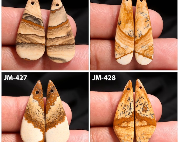 Natural Picture Jasper Fancy Shape Front Drilled Smooth Cabochon Matching Pairs, Semi-Precious Gemstones For Jewelry Making