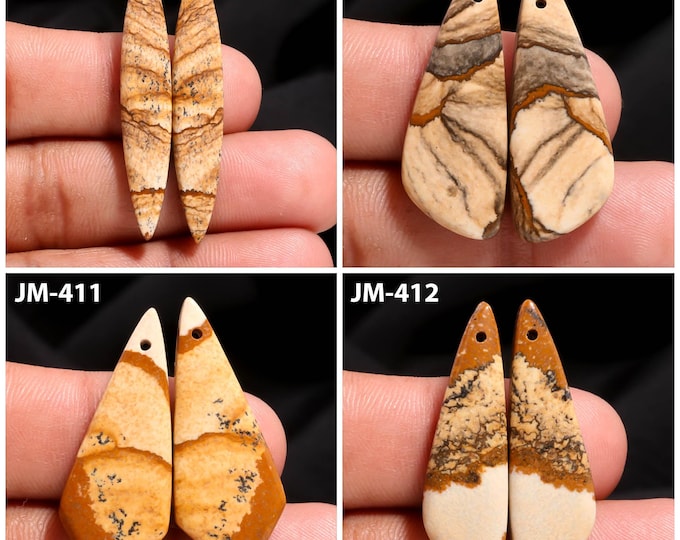 Natural Picture Jasper Fancy Shape Front Drilled Smooth Cabochon Matching Pairs, Semi-Precious Gemstones For Jewelry Making