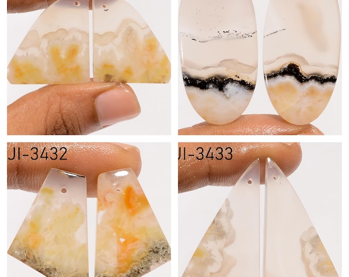 Natural Plume Agate Fancy Shape Front Drilled Smooth Cabochon Matching Pairs, Semi-Precious Gemstones For Jewelry Making