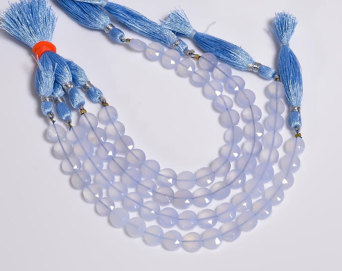 Natural Blue Chalcedony Faceted Center Drilled Coin Shape 8.25mm, Semi-Precious Gemstones For Jewelry Making