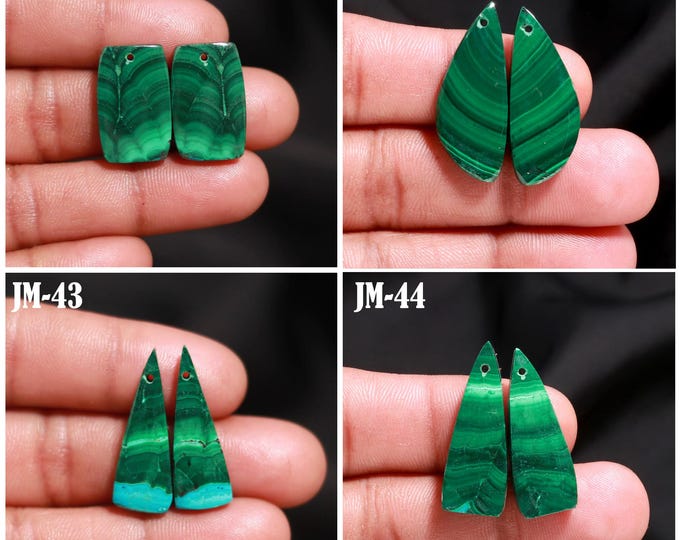 Natural Malachite Fancy Shape Front Drilled Smooth Cabochon Matching Pairs, Semi-Precious Gemstones For Jewelry Making
