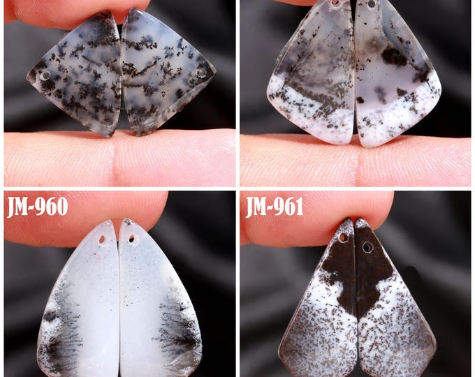 Natural Dendrite Agate Fancy Shape Front Drilled Smooth Cabochon Matching Pairs, Semi-Precious Gemstones For Jewelry Making