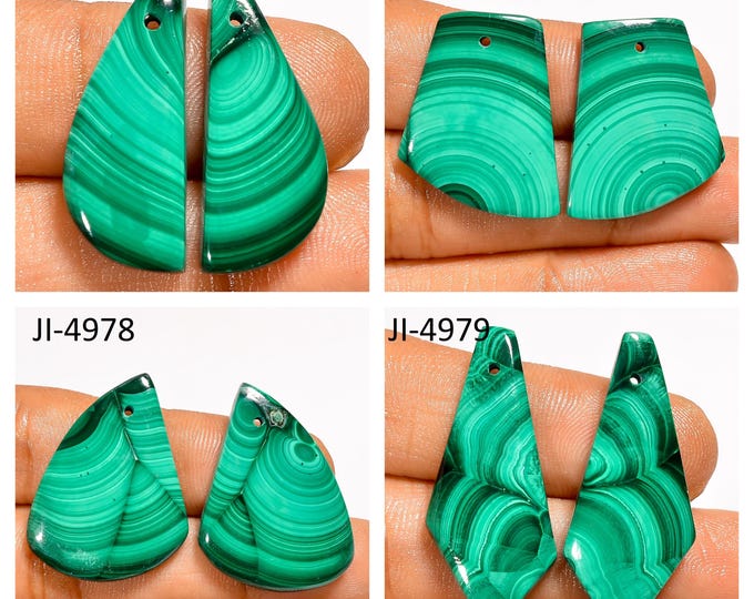 Natural Malachite Fancy Shape Front Drilled Smooth Cabochon Matching Pairs, Semi-Precious Gemstones For Jewelry Making