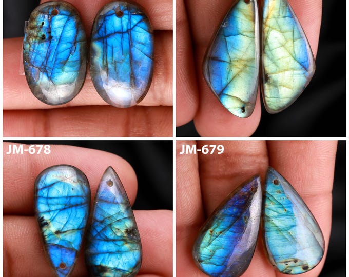 Natural Labradorite Fancy Shape Front Drilled Smooth Cabochon Matching Pairs, Semi-Precious Gemstones For Jewelry Making