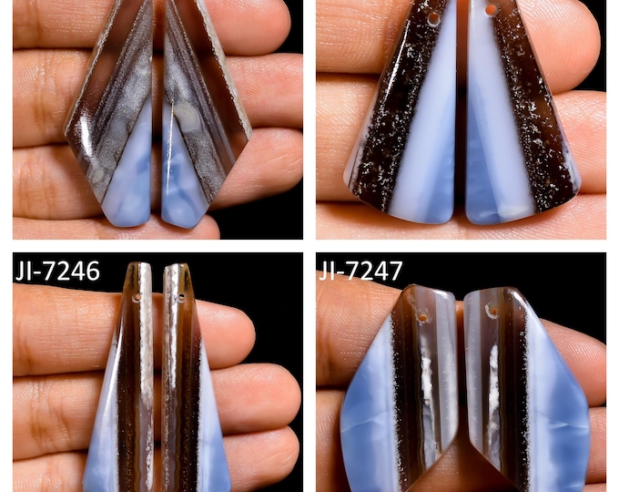 Natural Owyhee Blue Opal Fancy Shape Front Drilled Smooth Cabochon Matching Pairs, Semi-Precious Gemstones For Jewelry Making