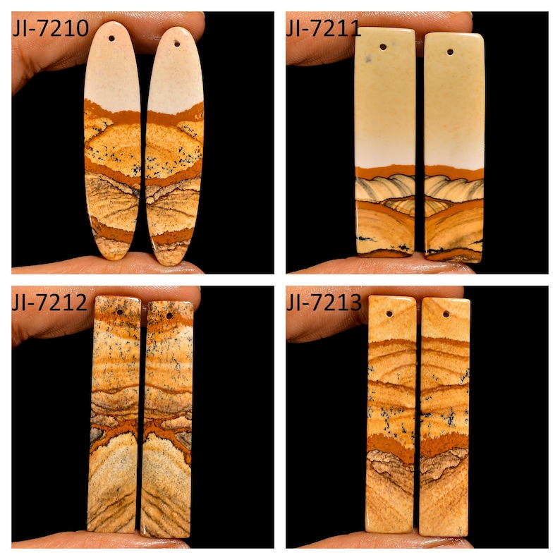 May include: Four pairs of polished stone pendants featuring natural landscape patterns in shades of tan, cream, and brown. Each piece includes a small drilled hole at the top. The sets are labeled JI-7210, JI-7211, JI-7212, and JI-7213.