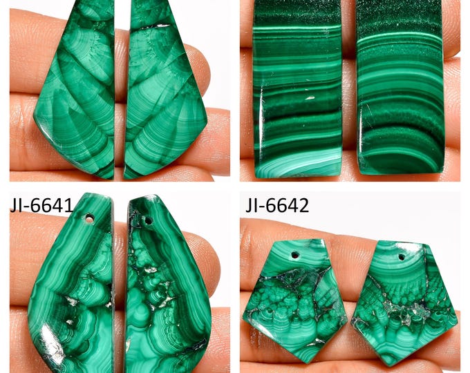 Natural Malachite Fancy Shape Front Drilled Smooth Cabochon Matching Pairs, Semi-Precious Gemstones For Jewelry Making
