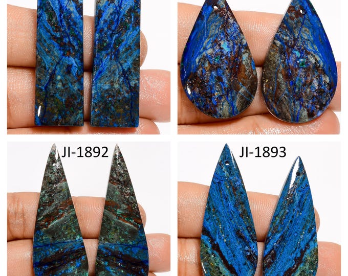 Natural Azurite Fancy Shape Front Drilled Smooth Cabochon Matching Pairs, Semi-Precious Gemstones For Jewelry Making