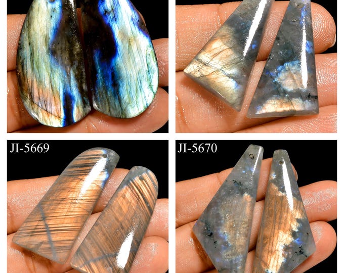 Natural Labradorite Fancy Shape Front Drilled Smooth Cabochon Matching Pairs, Semi-Precious Gemstones For Jewelry Making