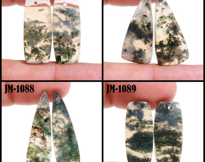 Natural Moss Agate Fancy Shape Front Drilled Smooth Cabochon Matching Pairs, Semi-Precious Gemstones For Jewelry Making