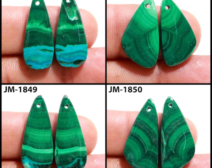 Natural Malachite Fancy Shape Front Drilled Smooth Cabochon Matching Pairs, Semi-Precious Gemstones For Jewelry Making