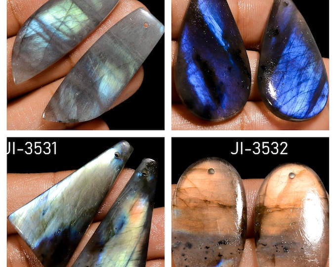 Natural Labradorite Fancy Shape Front Drilled Smooth Cabochon Matching Pairs, Semi-Precious Gemstones For Jewelry Making
