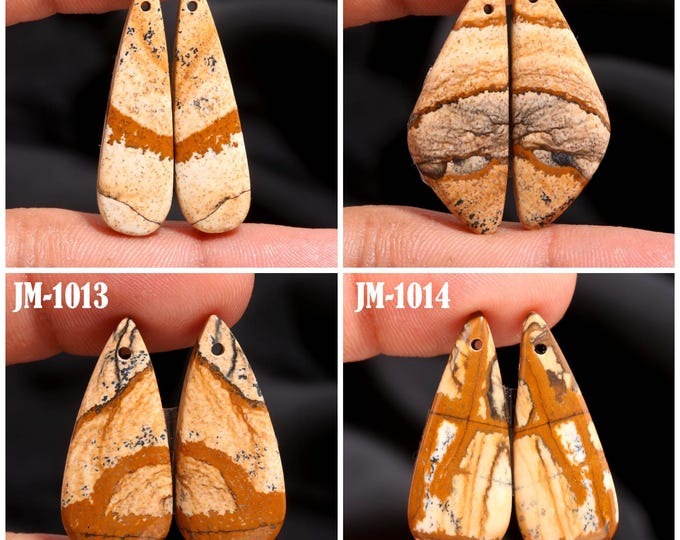 Natural Picture Jasper Fancy Shape Front Drilled Smooth Cabochon Matching Pairs, Semi-Precious Gemstones For Jewelry Making
