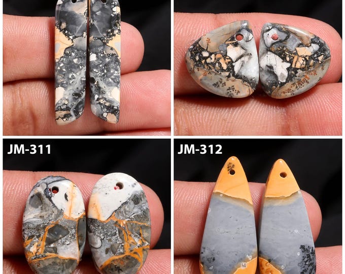 Natural Maligano Jasper Fancy Shape Front Drilled Smooth Cabochon Matching Pairs, Semi-Precious Gemstones For Jewelry Making