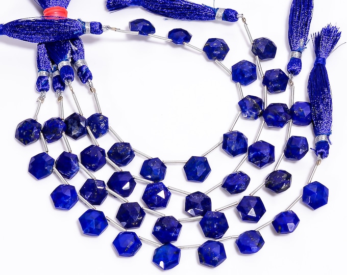 Lapis Lazuli Faceted Side Drilled Hexagon Shape Briolette 10mm x 11mm, Semi-Precious Gemstones For Jewelry Making