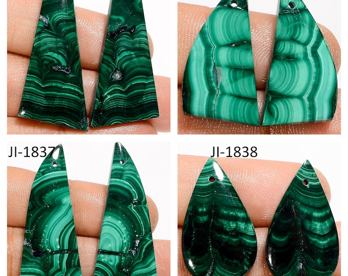 Natural Malachite Fancy Shape Front Drilled Smooth Cabochon Matching Pairs, Semi-Precious Gemstones For Jewelry Making
