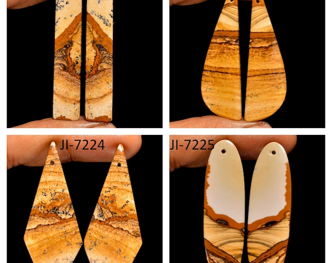 Natural Picture Jasper Fancy Shape Front Drilled Smooth Cabochon Matching Pairs, Semi-Precious Gemstones For Jewelry Making