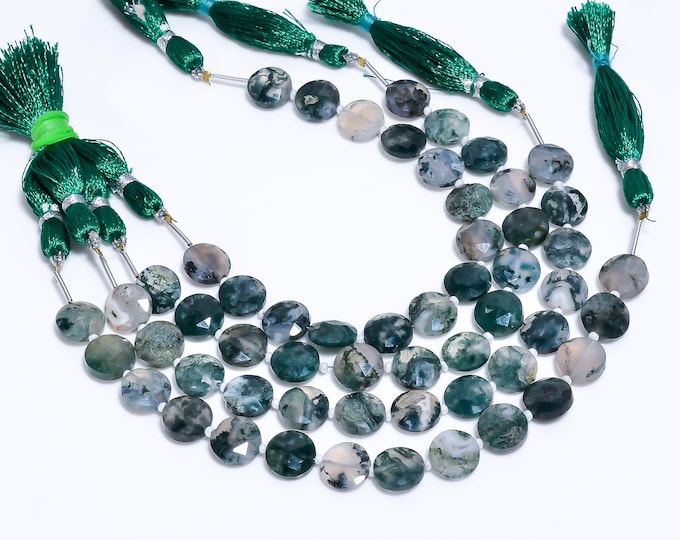 Natural Moss Agate Faceted Center Drilled Coin Shape 10.50mm, Semi-Precious Gemstones For Jewelry Making