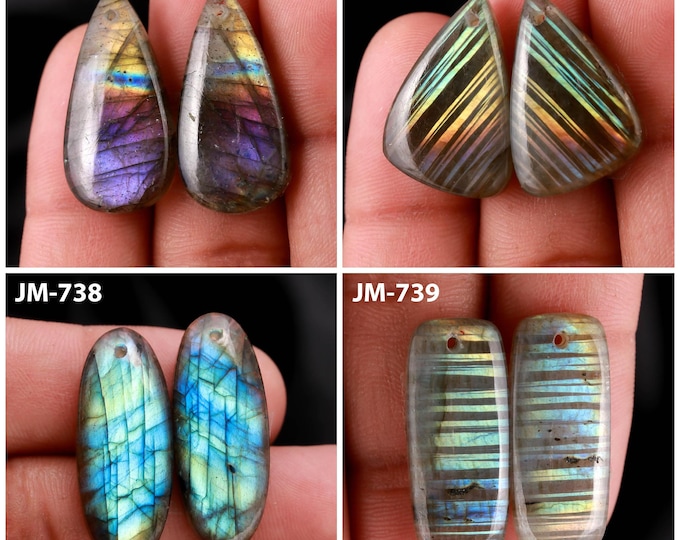 Natural Labradorite Fancy Shape Front Drilled Smooth Cabochon Matching Pairs, Semi-Precious Gemstones For Jewelry Making