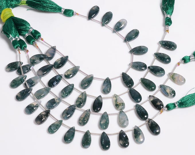 Natural Moss Agate Non-Faceted Smooth Side Drilled Pear Shape Briolette 7mm x 15mm, Semi-Precious Gemstones For Jewelry Making