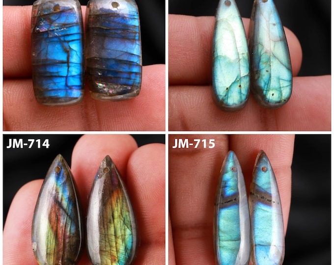 Natural Labradorite Fancy Shape Front Drilled Smooth Cabochon Matching Pairs, Semi-Precious Gemstones For Jewelry Making