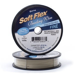 May include: Two spools of Soft Flex beading wire. The top spool is black with white and blue text, including "Soft Flex Beading Wire" and "FINE." The wire is stainless steel, nylon coated, and has a diameter of 0.36 mm and a length of 9.14 m.