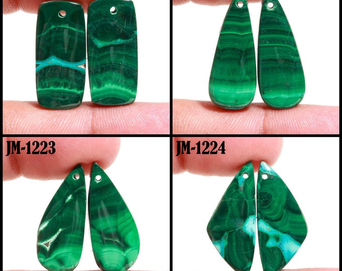 Natural Malachite Fancy Shape Front Drilled Smooth Cabochon Matching Pairs, Semi-Precious Gemstones For Jewelry Making