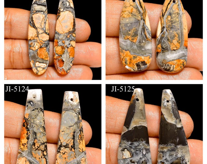 Natural Maligano Jasper Fancy Shape Front Drilled Smooth Cabochon Matching Pairs, Semi-Precious Gemstones For Jewelry Making