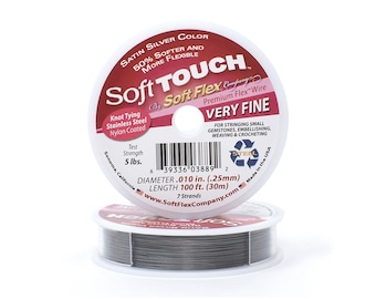 Soft Touch Satin Silver Color Very Fine .010 Inch Diameter Size, 7 Strands Beading Wire, 100 Foot Spool For Jewelry Making