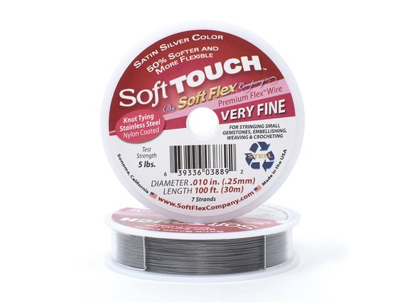 Soft Touch Satin Silver Color Very Fine .010 Inch Diameter Size, 7 Strands Beading Wire, 100 Foot Spool For Jewelry Making