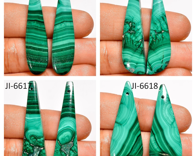 Natural Malachite Fancy Shape Front Drilled Smooth Cabochon Matching Pairs, Semi-Precious Gemstones For Jewelry Making