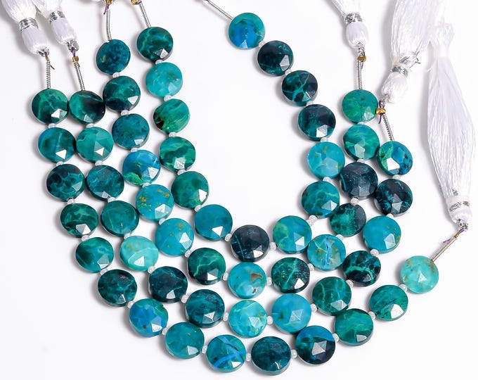 Natural Chrysocolla Faceted Center Drilled Coin Shape 10.25mm, Semi-Precious Gemstones For Jewelry Making