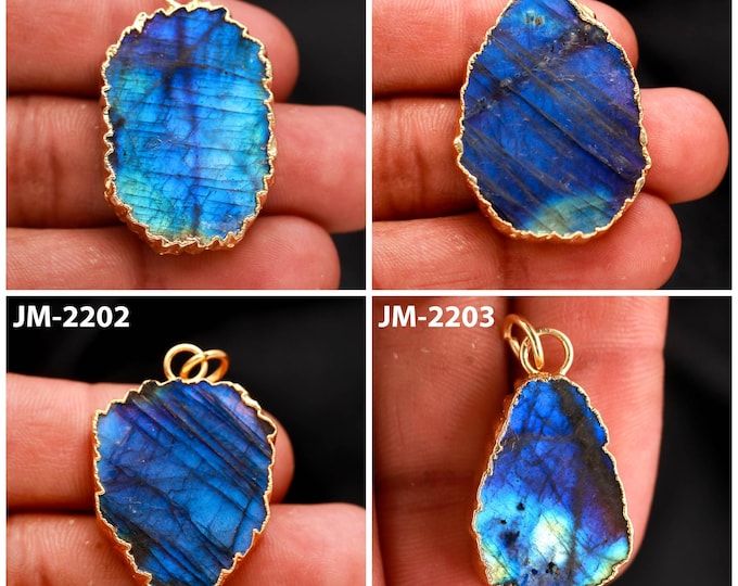 Natural Labradorite Fancy Shape Electro Plated Gold Color Pendants, Semi-Precious Gemstones For Jewelry Making