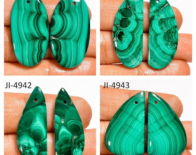 Natural Malachite Fancy Shape Front Drilled Smooth Cabochon Matching Pairs, Semi-Precious Gemstones For Jewelry Making
