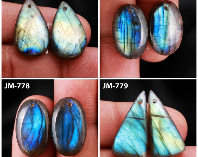 Natural Labradorite Fancy Shape Front Drilled Smooth Cabochon Matching Pairs, Semi-Precious Gemstones For Jewelry Making