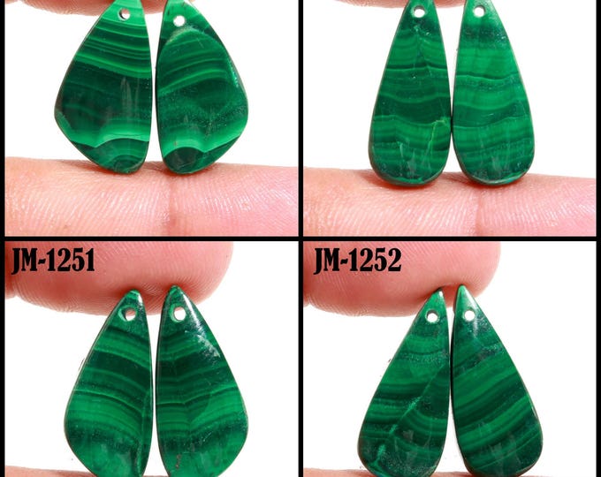 Natural Malachite Fancy Shape Front Drilled Smooth Cabochon Matching Pairs, Semi-Precious Gemstones For Jewelry Making