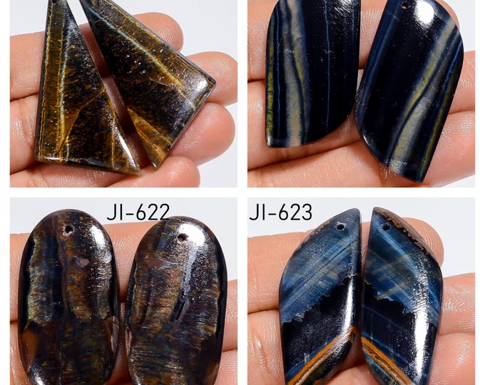 Natural Tigers Eye Fancy Shape Front Drilled Smooth Cabochon Matching Pairs, Semi-Precious Gemstones For Jewelry Making